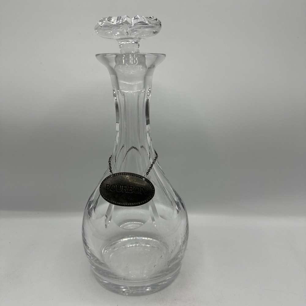 Heavy Crystal Wine/Liquor Decanter 10 Inches Tall Cut Glass With Bourbon Tag